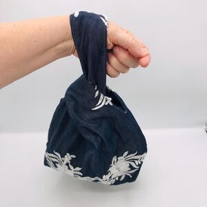 Japanese Knot Bag, Wrist Bag, Craft Yarn Bag, Lunch Bag, Embroidered Denim